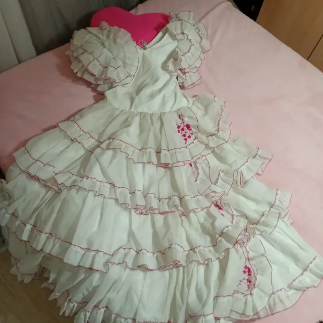 Vestido Flamenca Blanco con Detalles Rosas,seda
