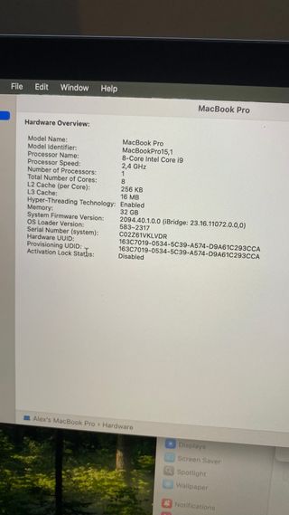 MacBook Pro 15” i9 32GB RAM 1TB SSD