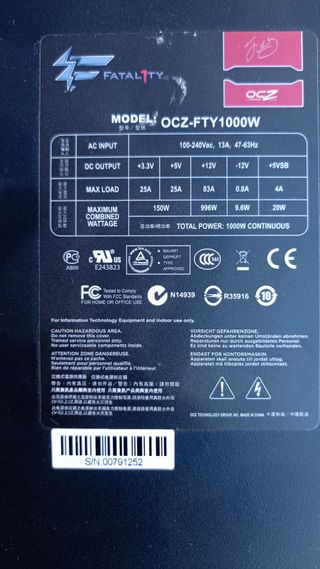 Fuente PC OCZ Fatal1TY 1000W 80 Plus Gold