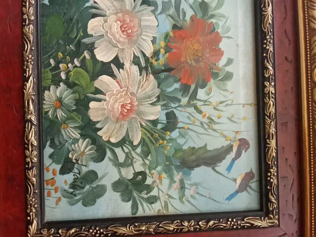 Cuadro pintado a mano óleo flores pájaros