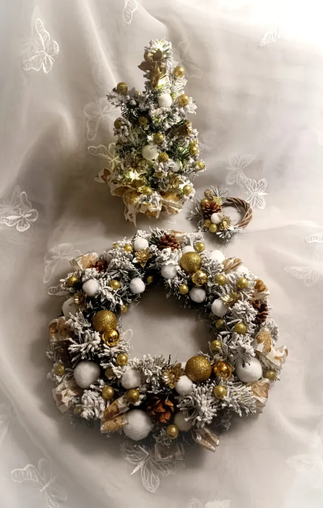 Set Natale 3 Decorazioni Oro e Bianco