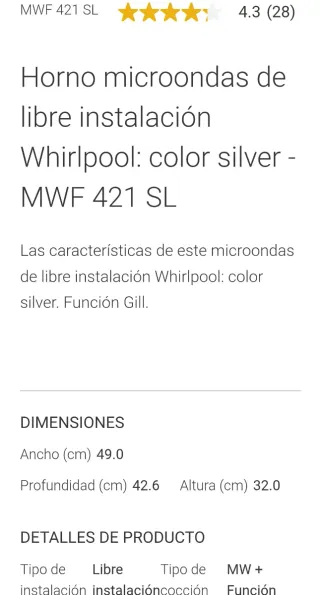 Microondas Whirlpool Negro y Blanco. Gran capacida