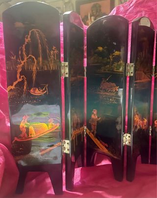 Biombo asiático 6 paneles geishas y paisajes laca