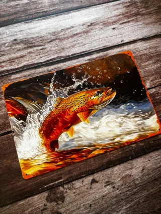CARTEL DE PESCA CON TRUCHA SALTANDO