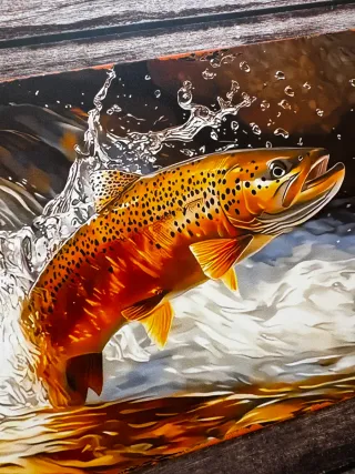 CARTEL DE PESCA CON TRUCHA SALTANDO