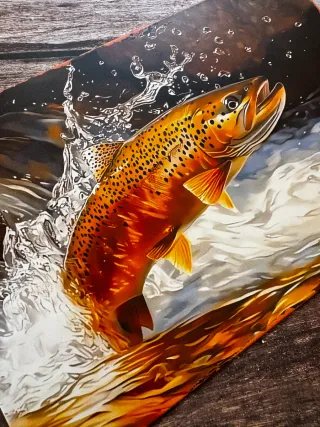 CARTEL DE PESCA CON TRUCHA SALTANDO