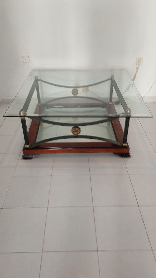 Mesa de centro cristal, acero y madera