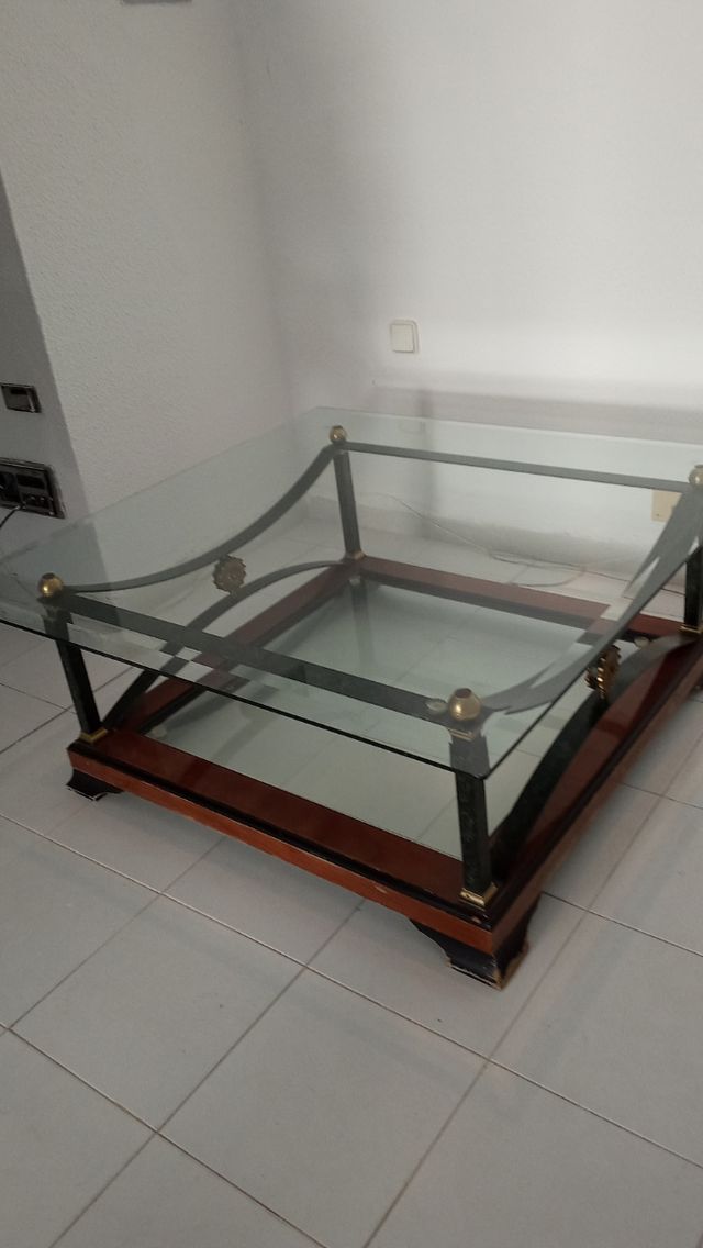 Mesa de centro cristal, acero y madera