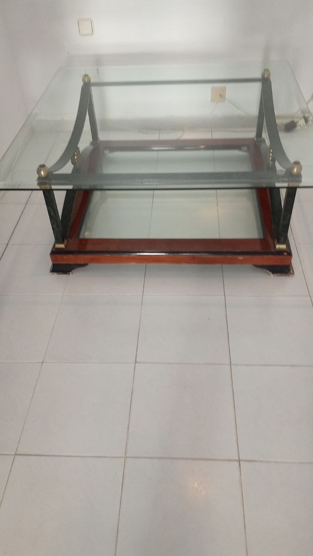 Mesa de centro cristal, acero y madera