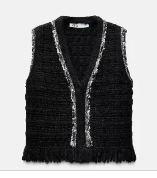 Chaleco Zara Tweed Negro y Plateado