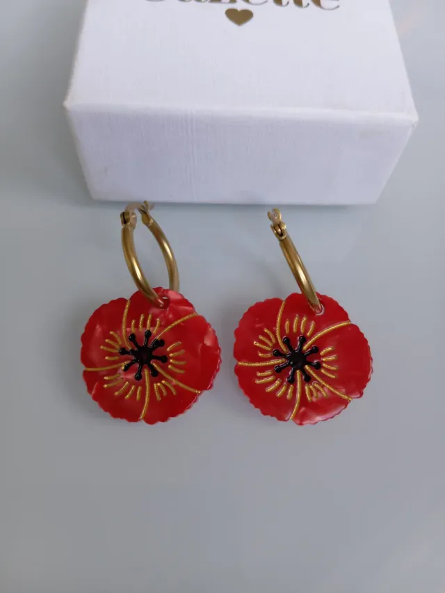 Pendientes amapola Coucou Suzette dorados rojos