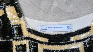 Zara Talla S - Vestido Midi Seda crema y negra