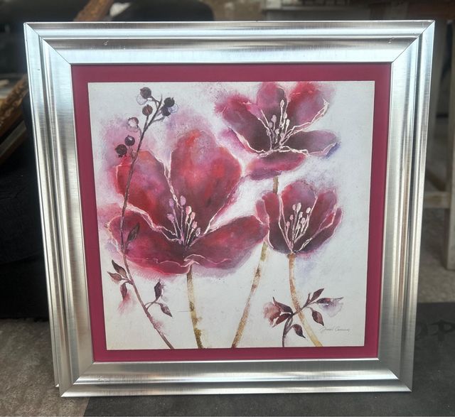 Cuadro Flores Rosas Marco Plateado