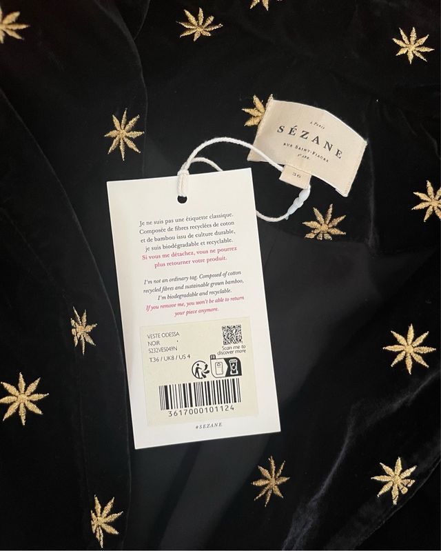 Chaqueta Sézane terciopelo negro bordado nueva