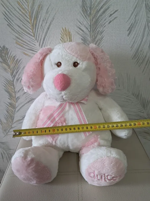 Perrito peluche blanco y rosa 28 cm
