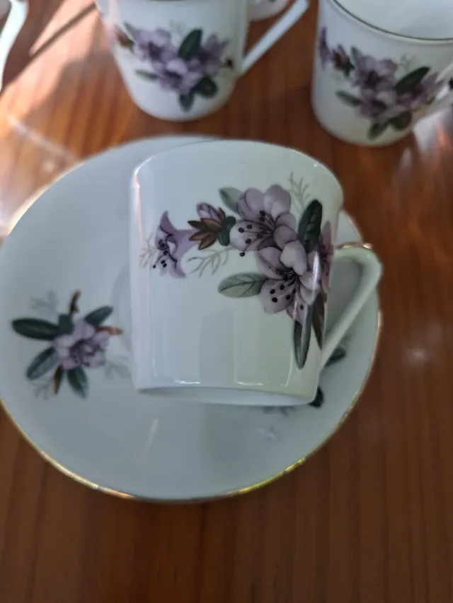 Juego de café de porcelana con detalles dorados
