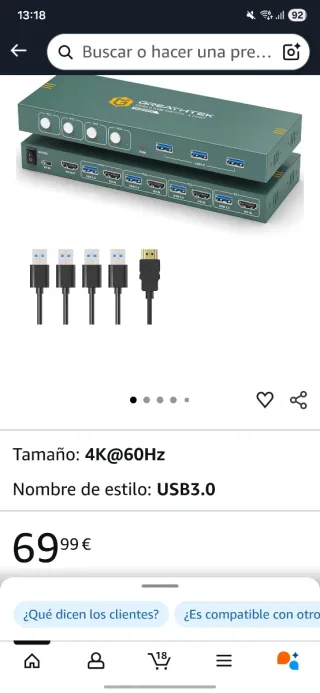 KVM Switch HDMI USB 3.0 4K@60Hz 4 Puertos