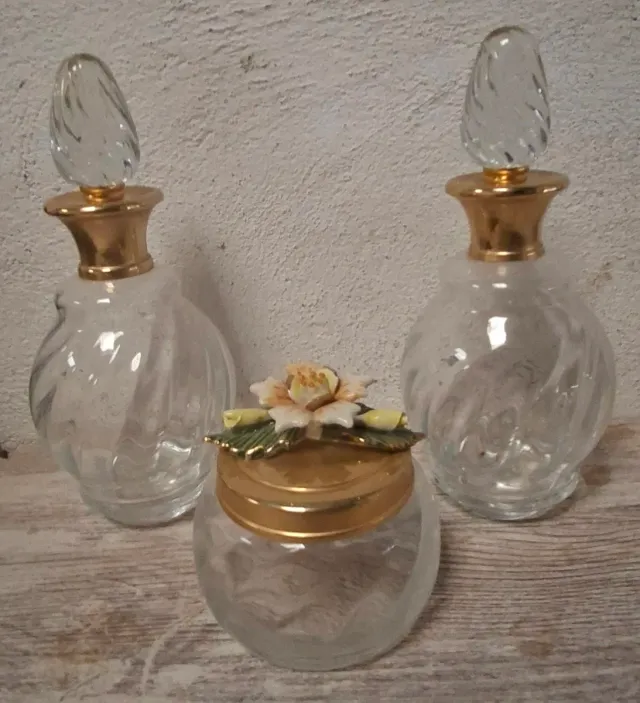 Antiguo Set Tocador Vidrio y Metal Dorado