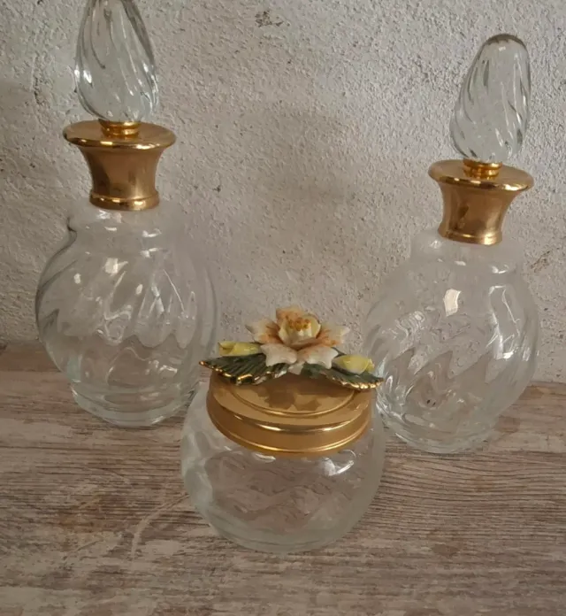 Antiguo Set Tocador Vidrio y Metal Dorado