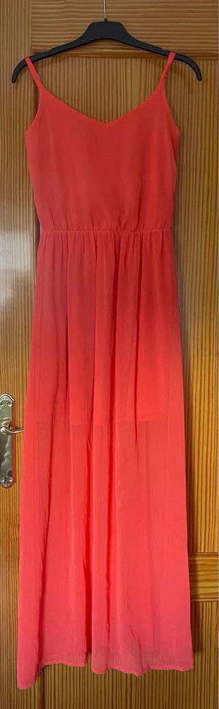 Vestido largo tirantes color coral