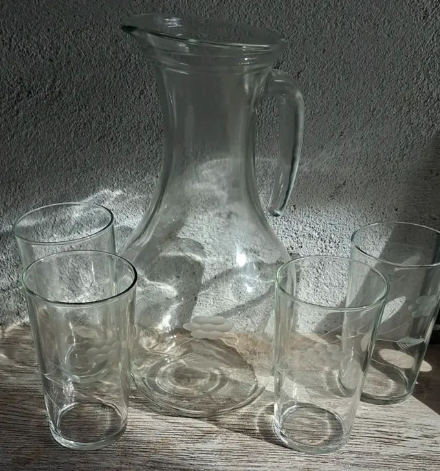 Juego Jarra y 4 Vasos Cristal Grabado