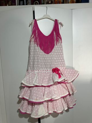 Vestido Flamenca Gitana Rosa y Blanco