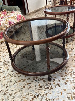 Set di 2 tavolini rotondi in legno e vetro