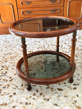 Set di 2 tavolini rotondi in legno e vetro