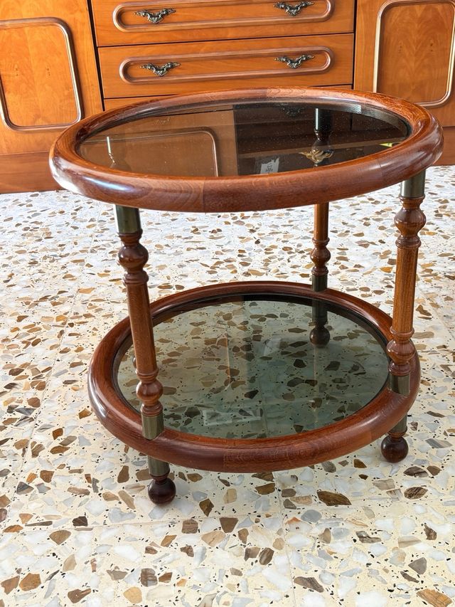 Conjunto 2 mesas redondas madera y cristal