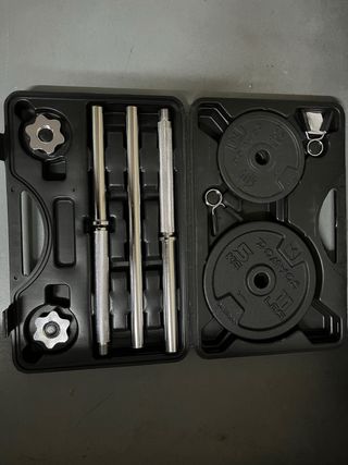 Kits de pesas Domyos 30 kg 1 larga y 3 mancuernas.