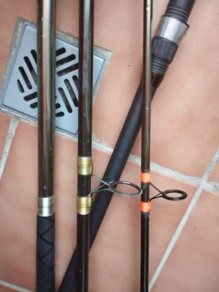 Conjunto cañas pesca, carrete y plomos