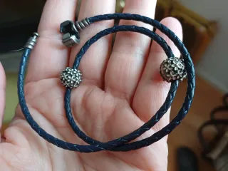 Pulsera cuero Pandora 18cm negra y plata
