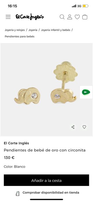 Pendiente oro niña elefante circonita