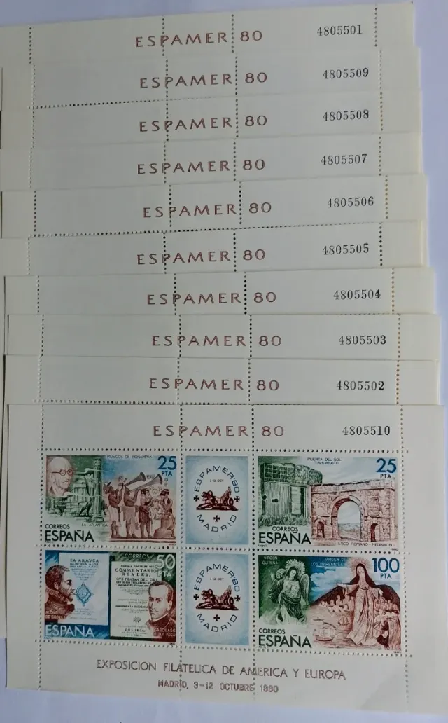 10 fogli Lotto Francobolli Spagna Expofimadrid 1980