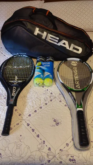 Pack 2 raquetas tenis, funda y 2 pack de 4 pelotas