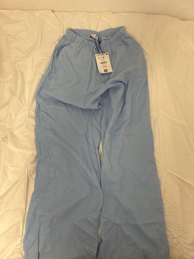 Pantalones anchos lino Bershka azul S