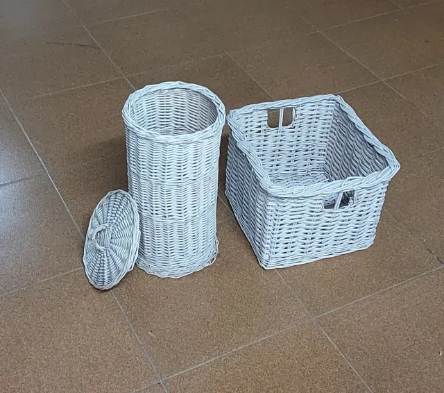 Set di cestini in vimini bianco rotondo, M 29x29x37