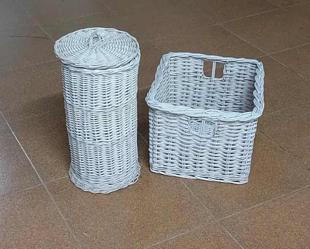Set di cestini in vimini bianco rotondo, M 29x29x37