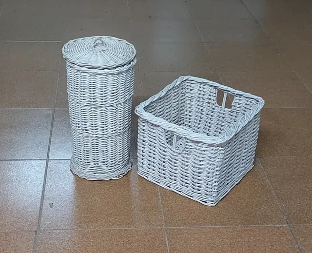 Set di cestini in vimini bianco rotondo, M 29x29x37