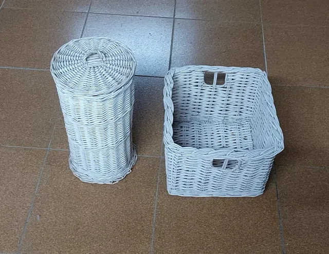 Set di cestini in vimini bianco rotondo, M 29x29x37
