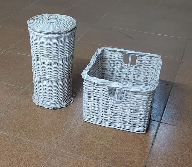 Set di cestini in vimini bianco rotondo, M 29x29x37