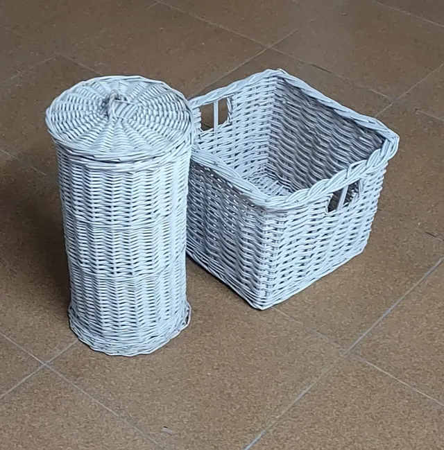 Set di cestini in vimini bianco rotondo, M 29x29x37