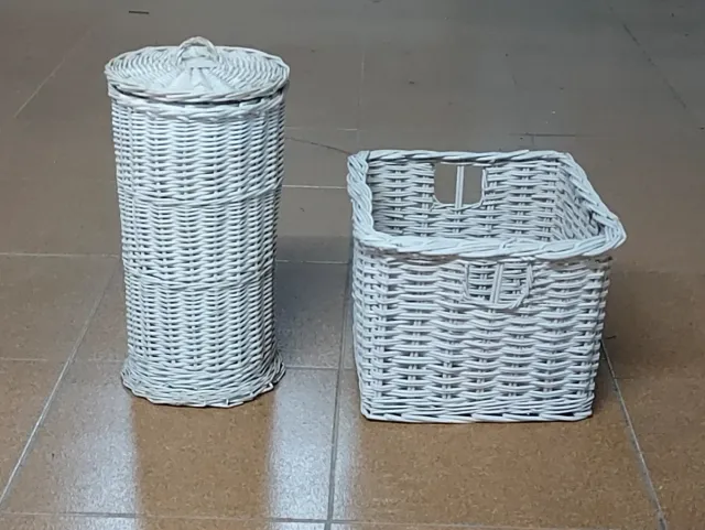 Set di cestini in vimini bianco rotondo, M 29x29x37