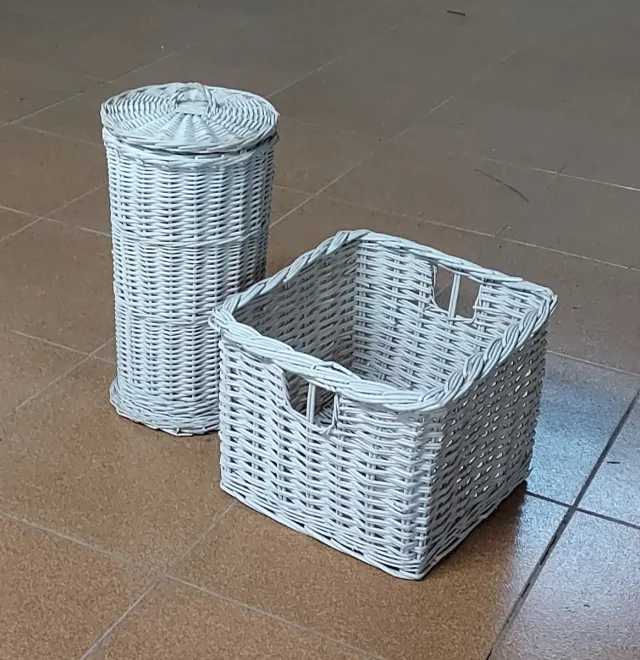 Set di cestini in vimini bianco rotondo, M 29x29x37