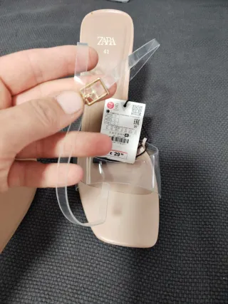 Sandalias Zara tacón transparente beige talla 41