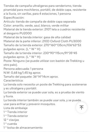 Tienda campaña individual ultraligera