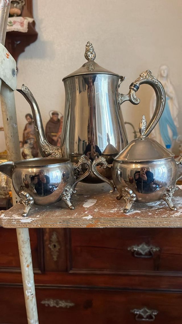 Juego café vintage plateado cafetera azucarero