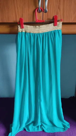 Falda larga gasa verde azulado y dorada