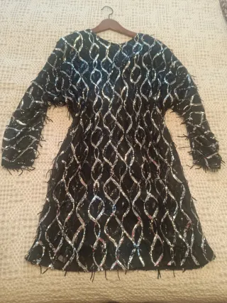 Vestido fiesta lentejuelas negro y plata