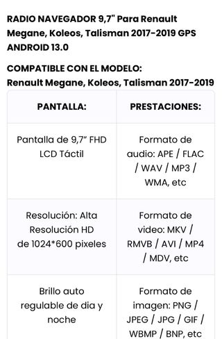 Pantalla Android Renault Megane, Koleos, Talisman
